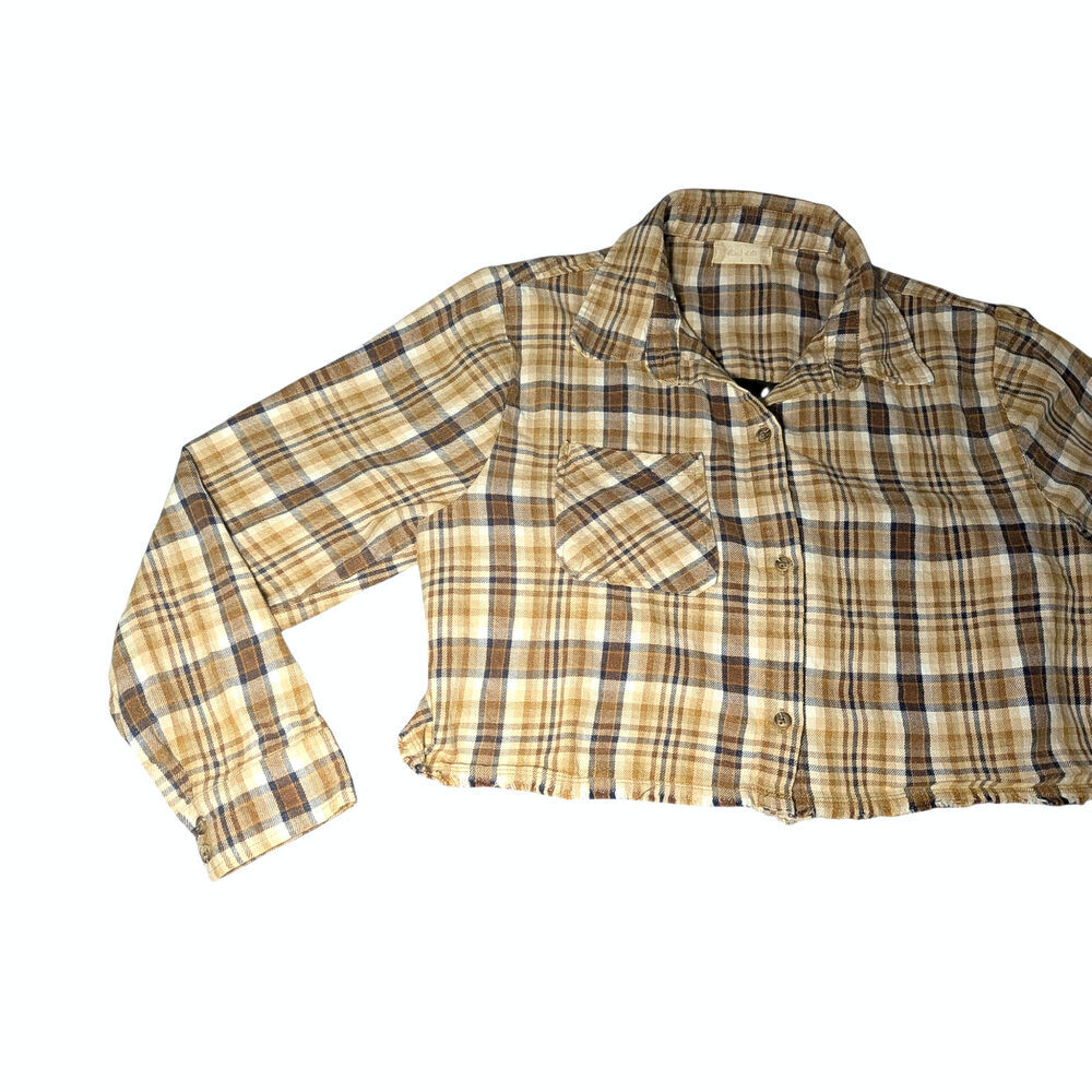 Altar'd State Nashville Graphic Cropped Plaid Flannel Shirt Brown Small Western - Picture 7 of 9